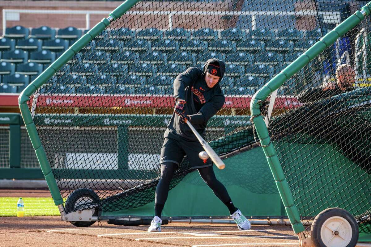 Friday, March 3, 2023 Scottsdale Ariz.—Bryce Johnson (58) practices before the Giants host the Colorado Rockies at the San Francisco Giants spring training facility Scottsdale Stadium in Scottsdale, Ariz. on Friday, March 3, 2023.