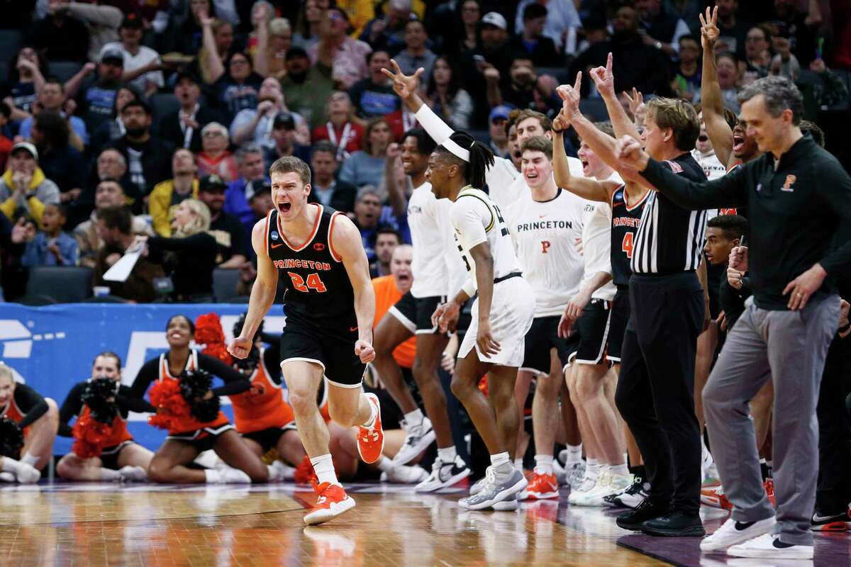 Princeton's Blake Peters (24) celebrates a 3-pointer during his team's win over Missouri on Saturday.