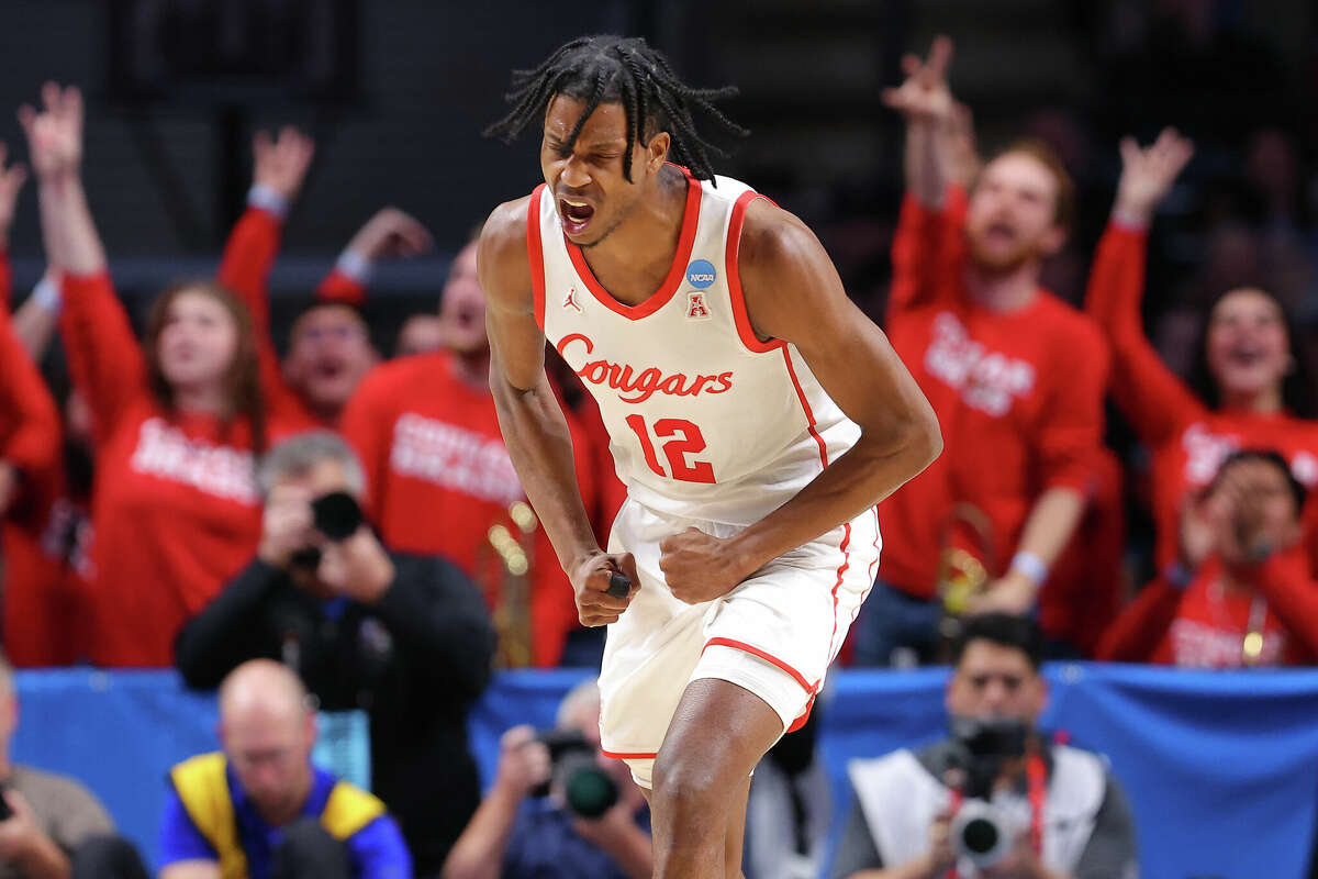 Tramon Mark #12 of the Houston Cougars reacts after a play during the second half against the Auburn Tigers in the second round of the NCAA Men's Basketball Tournament at Legacy Arena at the BJCC on March 18, 2023 in Birmingham, Alabama.