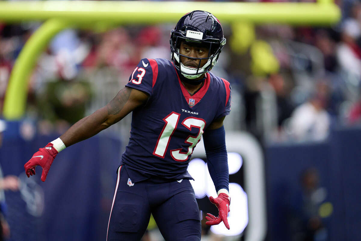 Brandin Cooks #13 of the Houston Texans lines up at the line of scrimmage against the Washington Commanders at NRG Stadium on November 20, 2022 in Houston.