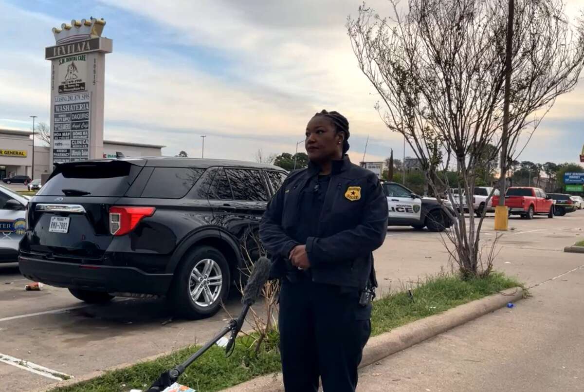 Houston police Assistant Chief Chandra Hatcher briefs reporters at the scene of a fatal shooting of three meen in Alief on Sunday, March, 19, 2023.