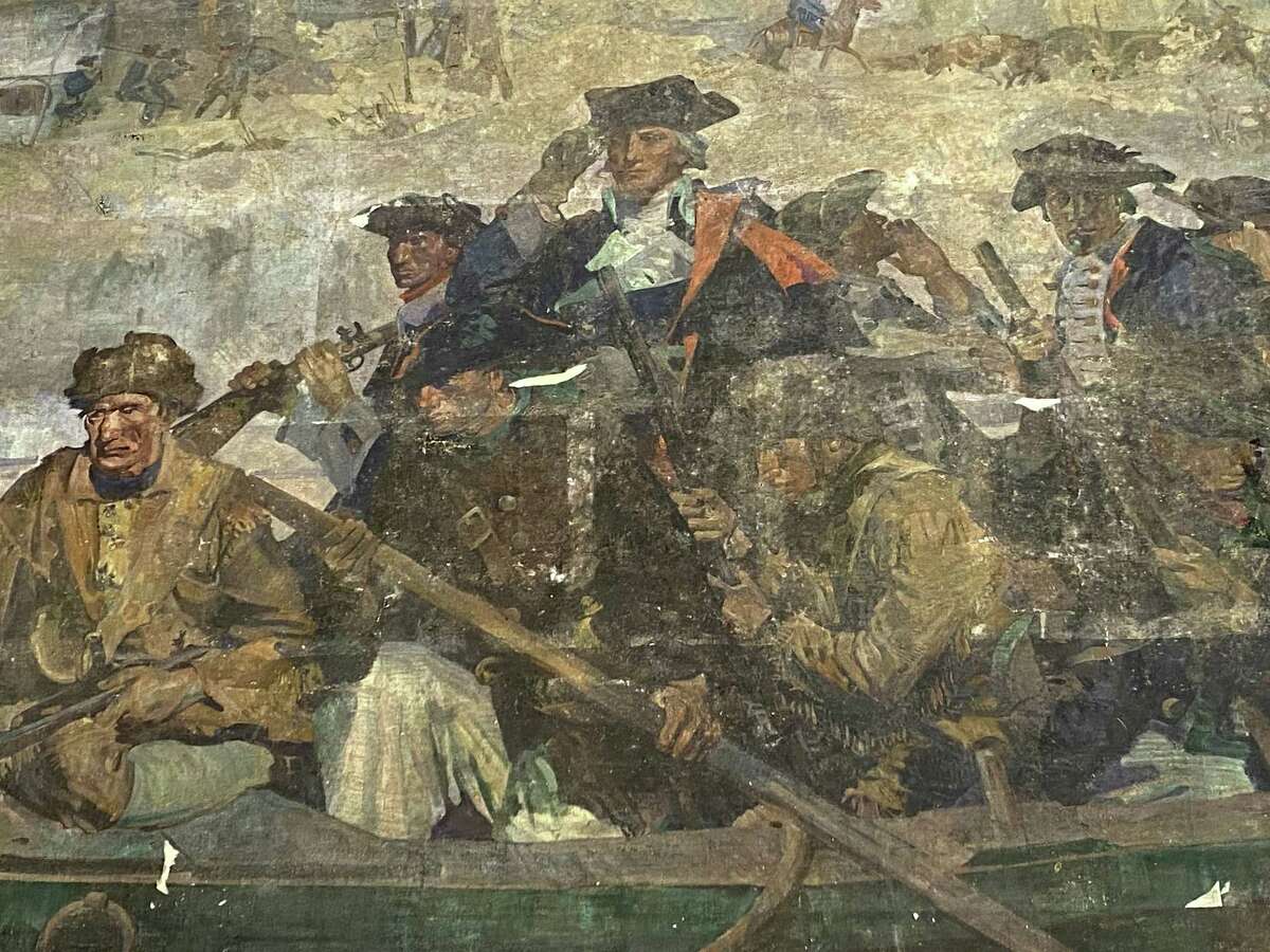 A 1921 mural of George Washington crossing the Delaware River in 1776, by George M. Harding, was recently found in a New Jersey basement, damaged but salvageable.