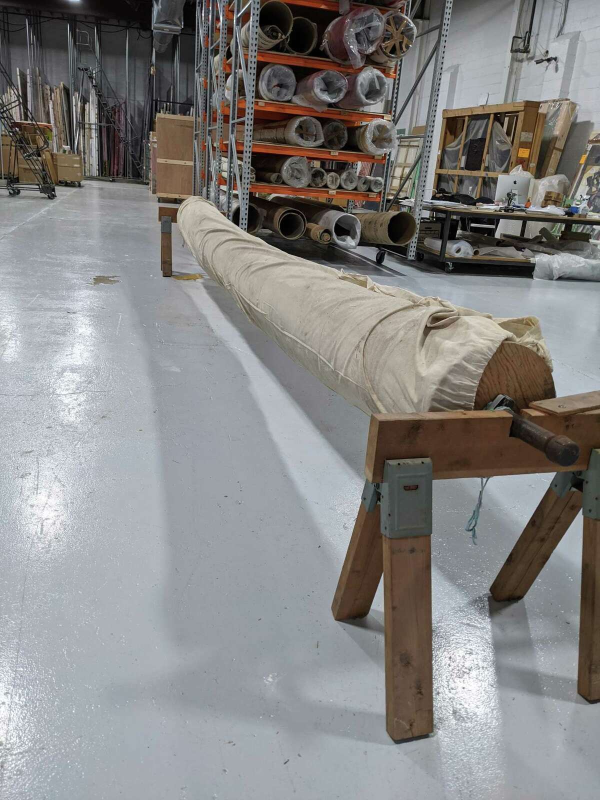 The rolled-up George Harding mural of George Washington's 1776 crossing of the Delaware River is stored in a conservator's workshop at Cusworth Conservation in Lambertville, N.J.