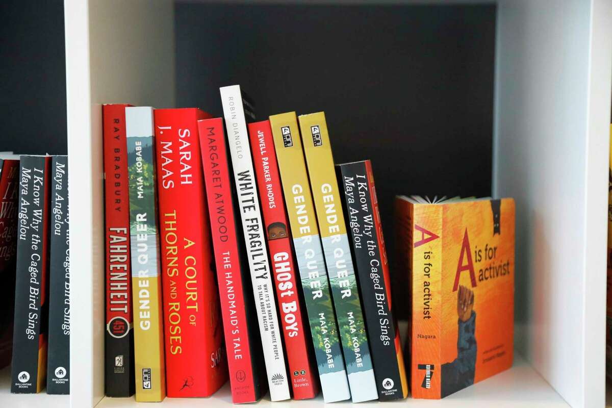 Books are displayed at the Banned Book Library at American Stage in St. Petersburg, Fla., Feb. 18, 2023. In Florida, some schools have covered or removed books under a new law that requires an evaluation of reading materials and for districts to publish a searchable list of books where individuals can then challenge specific titles. (Jefferee Woo/Tampa Bay Times via AP)