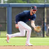 Houston Astros infielder David Hensley (17) fields a ground ball during spring training workouts at the Astros spring training complex at The Ballpark of the Palm Beaches on Friday, Feb. 24, 2023 in West Palm Beach, Fla.