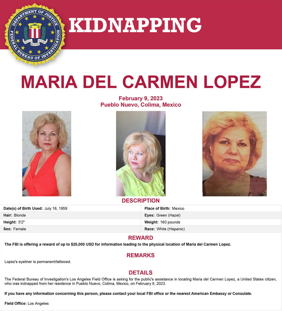 A missing persons poster for Maria Del Carmen Lopez was shared by the FBI last week.