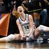UConn's Dorka Juhasz (14) reacts in the second half of a second-round college basketball game after she was fouled while making a basket against Baylor in the NCAA Tournament, Monday, March 20, 2023, in Storrs, Conn.