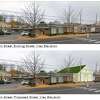A rendering shows a Main Street shopping plaza before and after the proposed construction of a 12-unit apartment building. 