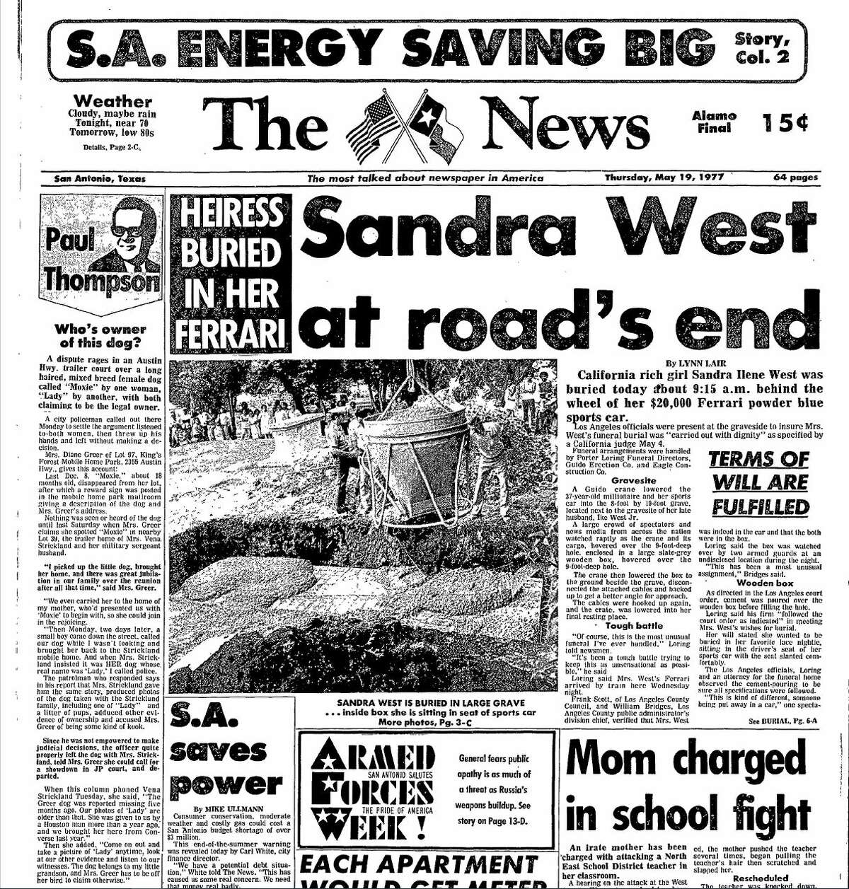 Era la prima pagina del San Antonio Evening News del 19 maggio 1977. La storia principale era il funerale di West. 