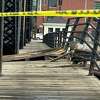 Damage is seen to the Lefty O’Doul bridge after 3 industrial barges got loose and collided into on Tuesday, March 21, 2023 in San Francisco, Calif.