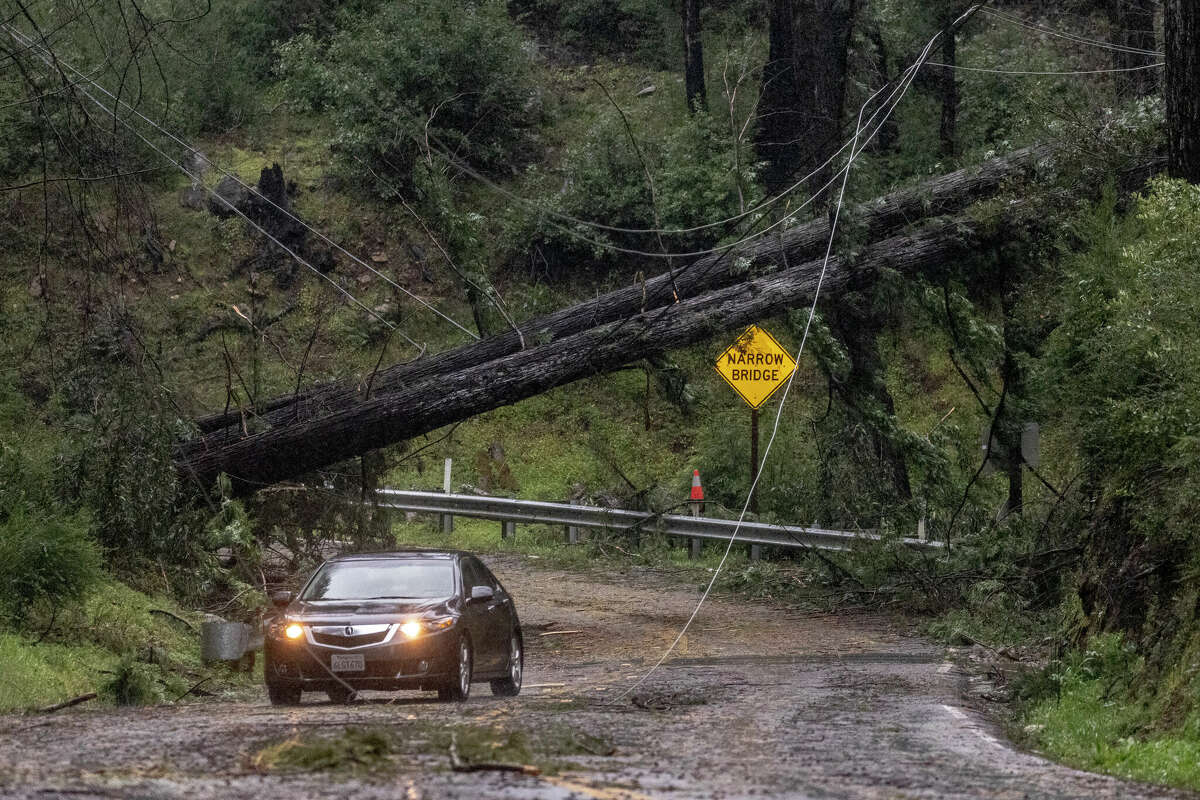 周二，一辆汽车从倒下的树下经过，沿着博尔德溪的大盆地路。太平洋天然气和电力公司(Pacific Gas and Electric Co.)报告说，该公司已经砍掉了13,263棵因最近的风暴而损坏基础设施的树木。
