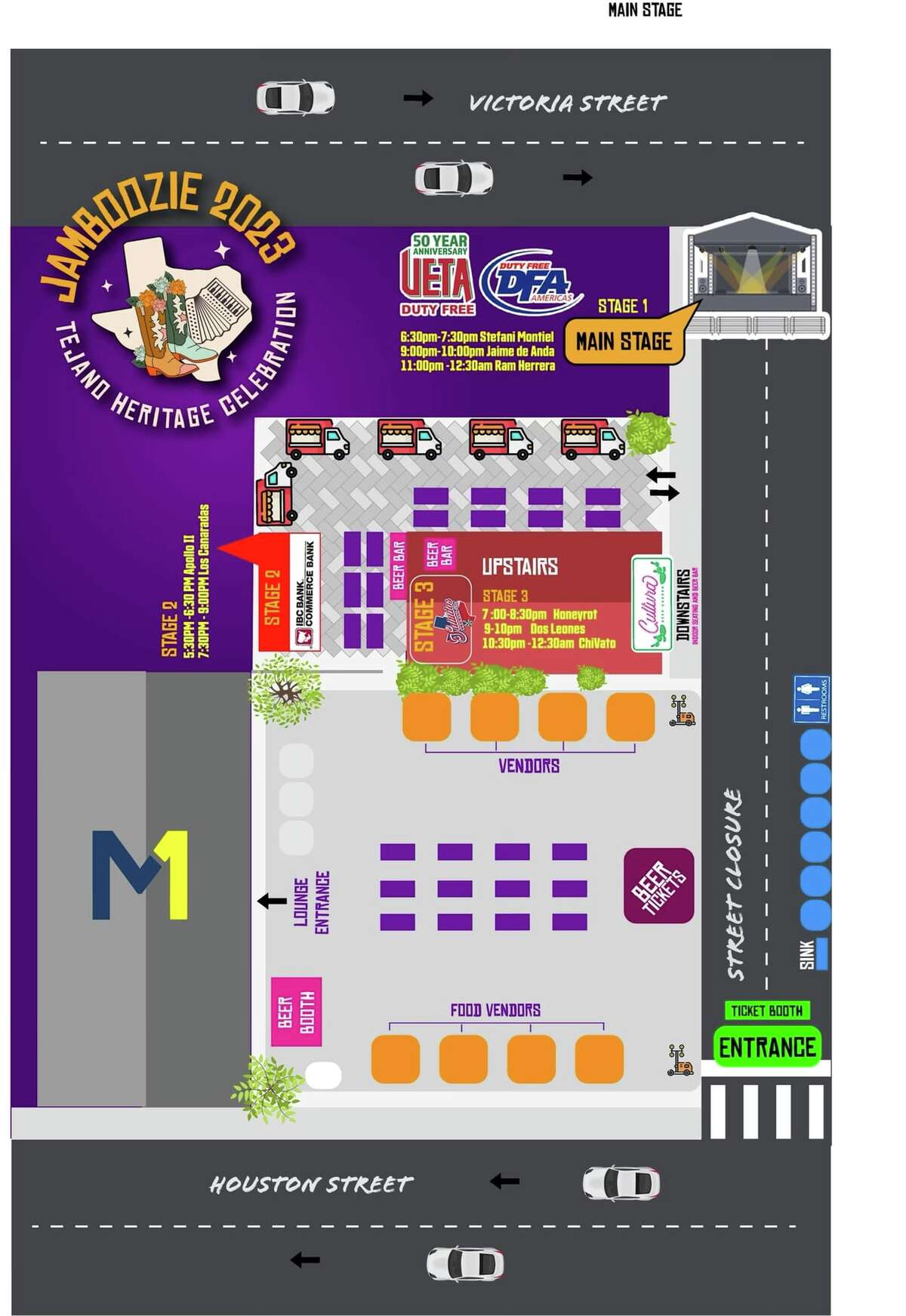 This map shows the layout of the 2023 UETA Jamboozie, which takes place Saturday, March 25 at Cultura Beer Garden. 
