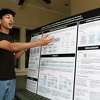 The Woodlands College Park student Siddhu Pachipala describes his research into ways to develop a machine learning tool to gauge patients’ suicide risk and the best course of treatment based on their diary entries, Wednesday, March 22, 2023, in The Woodlands. Pachipala was a finalist in the Regeneron Science Talent Search, which is the nation’s oldest science and math competition for high school seniors.