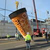 The new, 26-foot iced coffee being prepared for installation at Dunkin' Park in Hartford.