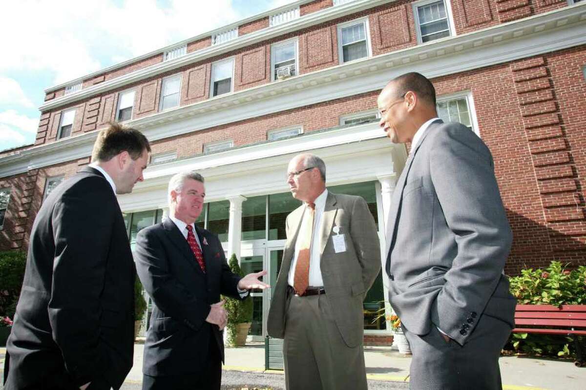 Speaker of the Connecticut House of Representatives Chris Donovan, second from left, was on hand to tour the Nathaniel Witherell Rehabilitation and Nursing Center Friday morning with Selectman Drew Marzullo, left, Nathaniel Witherell Executive Director Allen Brown, second from right, and Claude Johnson, right, Democratic candidate for the 151st District.
