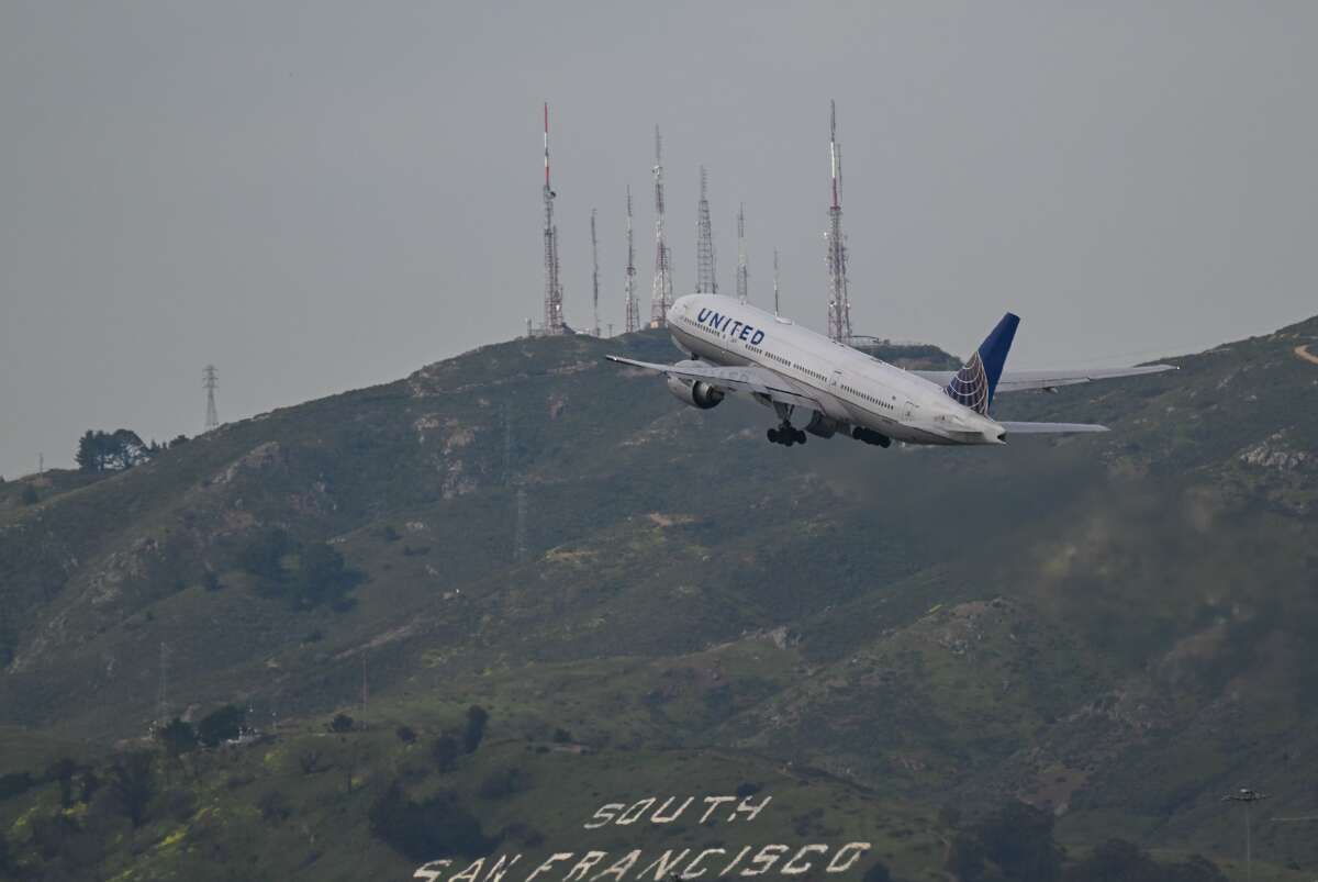 A United Airlines plane takeoff from SFO in San Francisco on March 17, 2023.