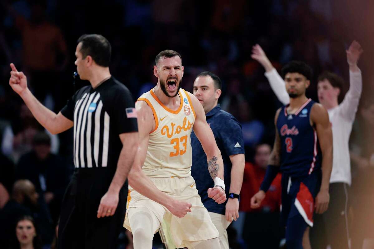 Tennessee forward Uros Plavsic reacts after a play during the first half of a Sweet 16 college basketball game against Florida Atlantic in the East Regional of the NCAA tournament at Madison Square Garden, Thursday, March 23, 2023, in New York.