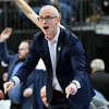 UConn head coach Dan Hurley reacts down the court in the second half of a Sweet 16 college basketball game against UConn in the West Regional of the NCAA Tournament, Thursday, March 23, 2023, in Las Vegas. (AP Photo/David Becker)