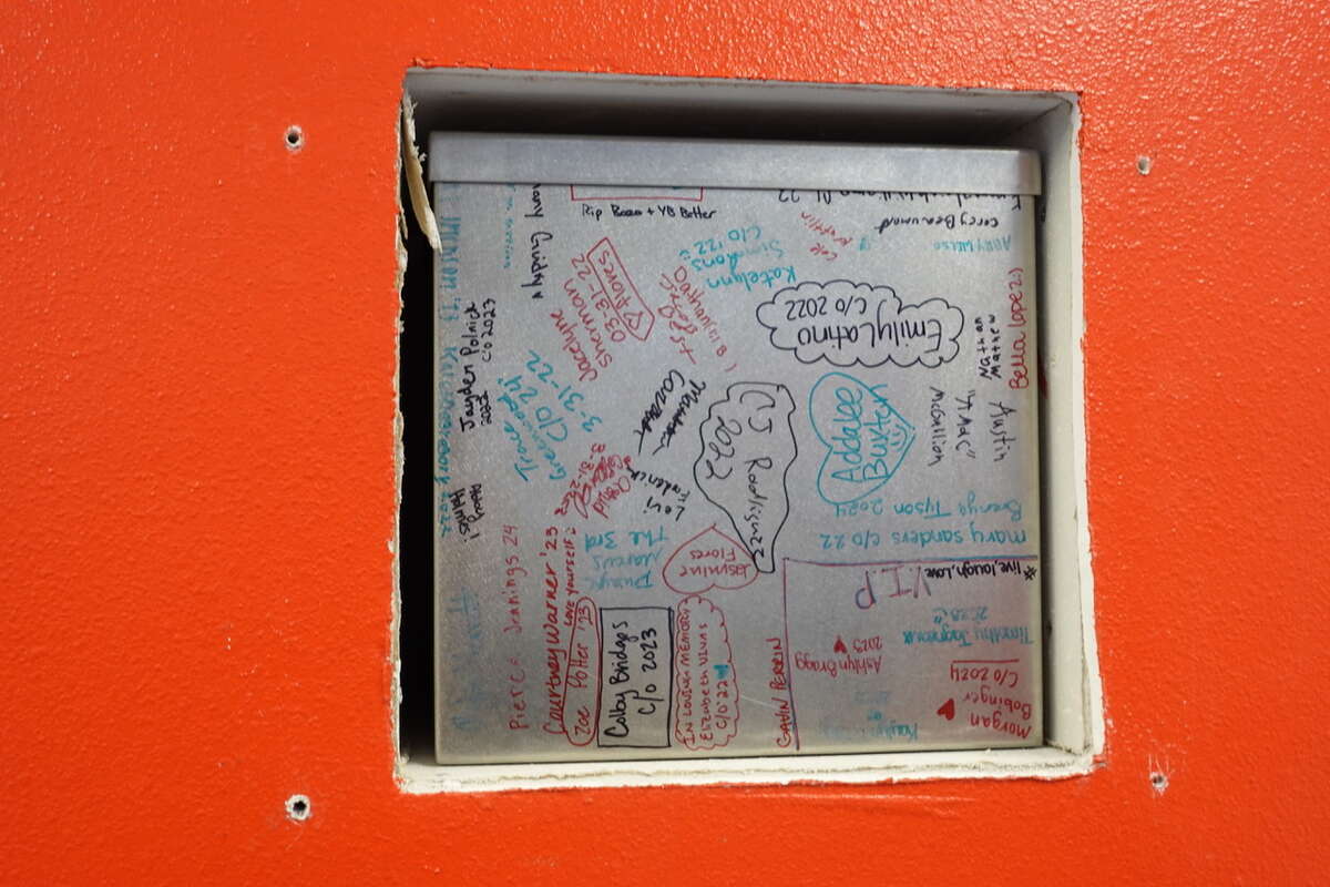 The time capsule before the commemorative plaque is placed to seal it in to the wall of Lumberton High School's new Career and Technical Education building. Photo taken March 23, 2023. Photo by Olivia Malick/ The Enterprise