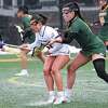 Vermont senior Kenzie Vasque breaks her stick on UAlbany graduate student Shonly Wallace during an America East game on Saturday, March 25, 2023, at John Fallon Field on the UAlbany campus in Albany, NY.