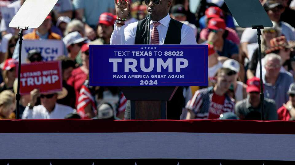 U.S. Rep. Wesley Hunt speaks during Former Donald Trump's first 2024 election rally held at Waco Regional Airport in Waco, Texas, on March 25, 2023. The rally comes days after he said he was to be arrested by as part of an ongoing investigation into hush payments made to Stormy Daniels during his 2016 campaign.