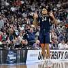 UConn guard Jordan Hawkins (24) celebrates after making a three-point basket in the second half of an Elite 8 college basketball game against Gonzaga in the West Region final of the NCAA Tournament, Saturday, March 25, 2023, in Las Vegas.