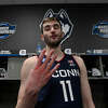 Alex Karaban is a freshman forward on the UConn men's basketball team. He had 12 points Saturday as the Huskies advanced to the Final Four with an 82-54 victory over Gonzaga.