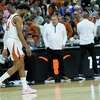 Texas guard Tyrese Hunter (4) walks off the court after losing to Miami 88-81 in the Regional final college basketball game in the NCAA Tournament on Sunday, March 26, 2023, in Kansas City, Mo.