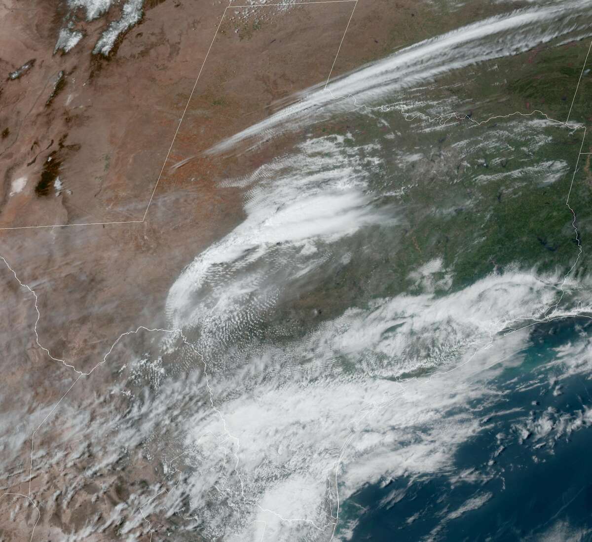 This satellite image from the National Weather Service shows cloud coverage across Texas at 12:31 p.m. on Monday, March 27.