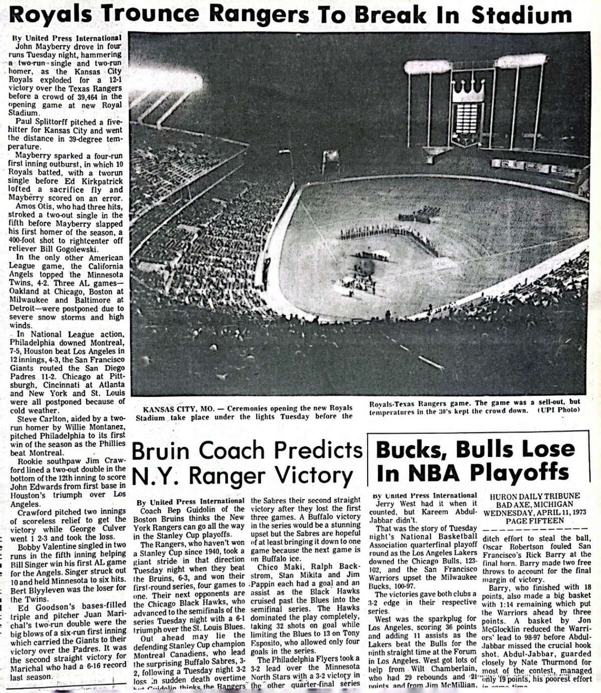 The Kansas City Royals break in Kauffman Stadium in spring 1973.