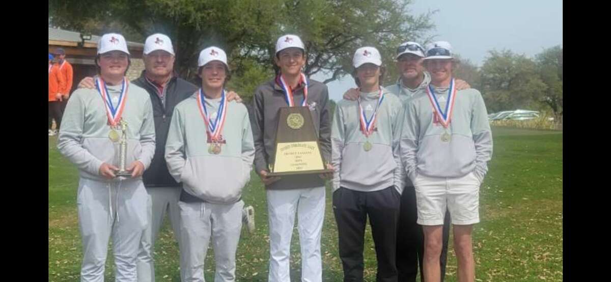The Legacy boys golf team poses after winning the District 2-6A championship at Bentwood Country Club in San Angelo on 3/28/2023.