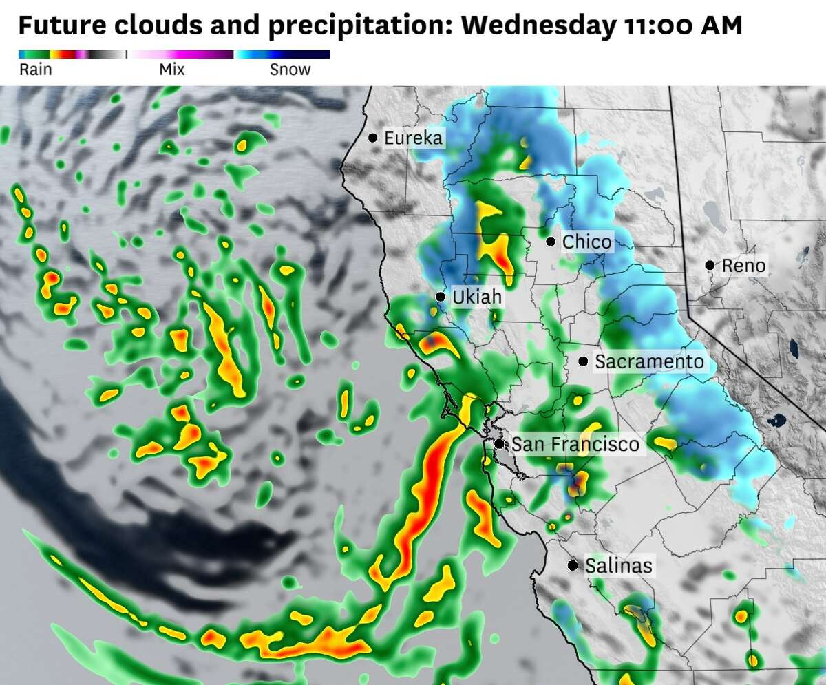 北美天气模式对一些阵雨和雷暴的渲染，预计将在周三上午左右发展。索诺马和圣克鲁斯县之间的大部分海岸线将有阵雨和雷暴的机会，而东湾和北湾高地的居民也可能在一天中经历阵雨和雷暴。