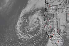 A spinning area of low pressure off the California Coast on March 28, 2023.