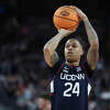 LAS VEGAS, NEVADA - MARCH 25: Jordan Hawkins #24 of the Connecticut Huskies shoots a free throw during the second half against the Gonzaga Bulldogs in the Elite Eight round of the NCAA Men's Basketball Tournament at T-Mobile Arena on March 25, 2023 in Las Vegas, Nevada. (Photo by Sean M. Haffey/Getty Images)