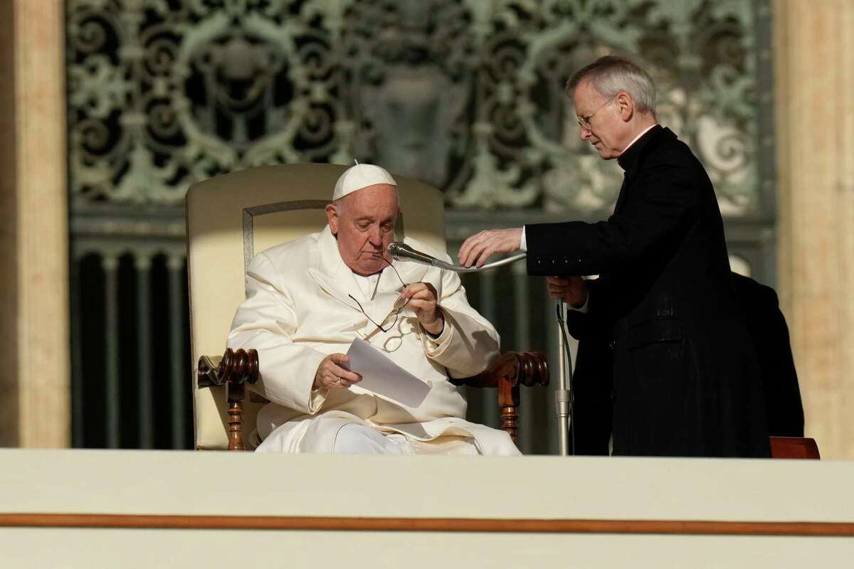Pope Francis holds his weekly general audience in St. Peter's Square, at the Vatican, Wednesday, March 29, 2023.