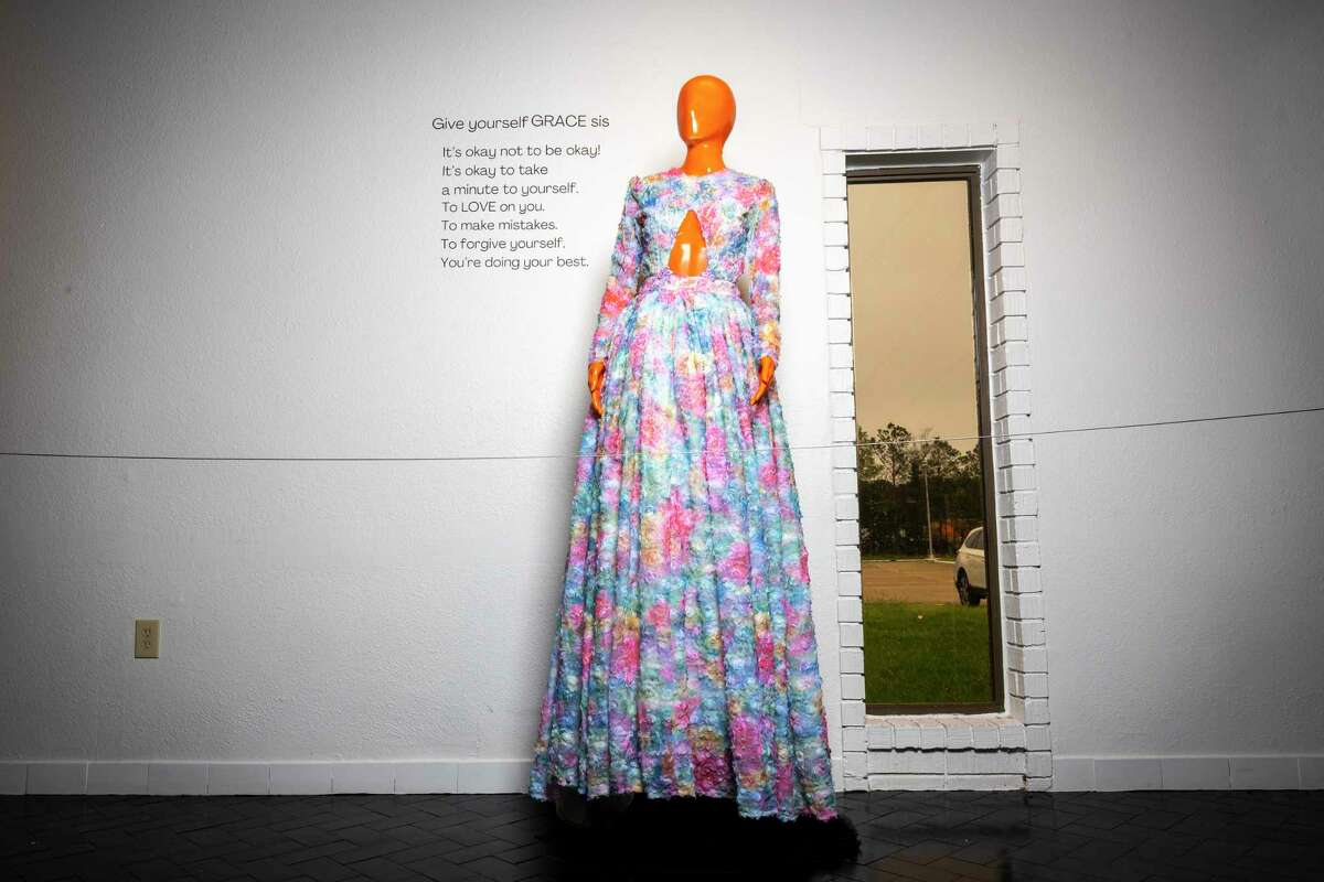 Mannequins clothed in Chasity Sereal’s wearable art stand on display at the Harris County Cultural Arts Council on Monday, March 27, 2023. The fashion exhibit, titled “Growing Pains: A Wearable Art Experience,” features 10 pieces from Sereal.