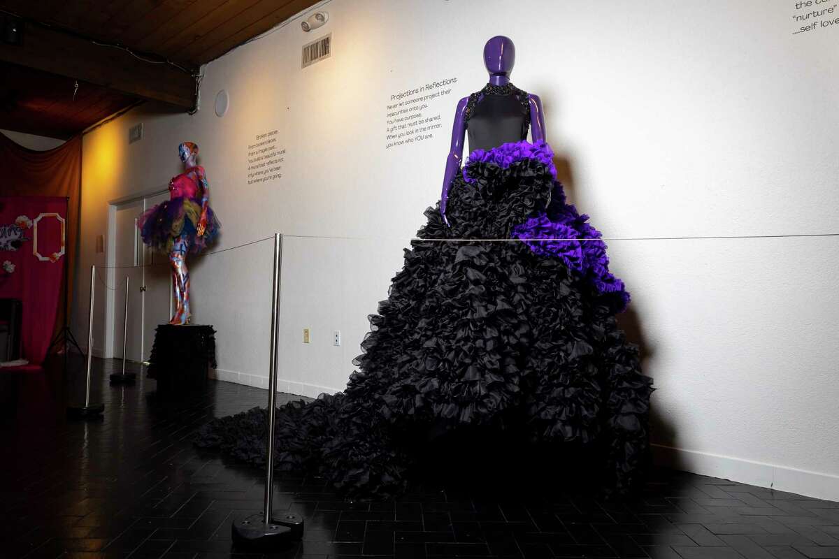 Mannequins clothed in Chasity Sereal’s wearable art stand on display at the Harris County Cultural Arts Council on Monday, March 27, 2023. The fashion exhibit, titled “Growing Pains: A Wearable Art Experience,” features 10 pieces from Sereal.