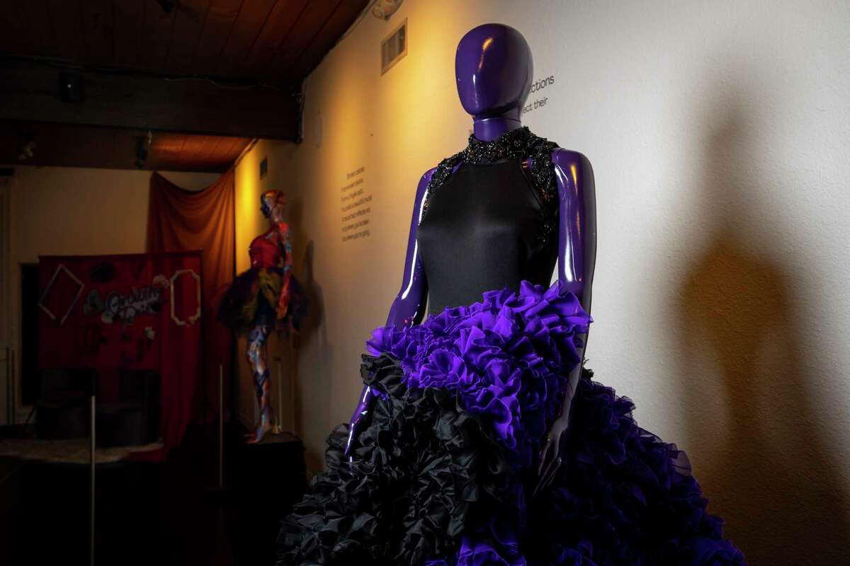 Mannequins clothed in Chasity Sereal’s wearable art stand on display at the Harris County Cultural Arts Council on Monday, March 27, 2023. The fashion exhibit, titled “Growing Pains: A Wearable Art Experience,” features 10 pieces from Sereal.