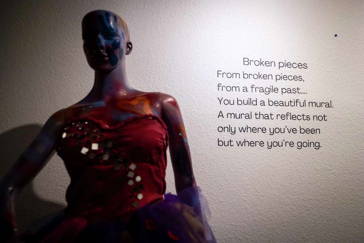 Chasity Sereal’s words accompany her wearable art pieces in her exhibit titled “Growing Pains: A Wearable Art Experience,” at the Harris County Cultural Arts Council on Monday, March 27, 2023.