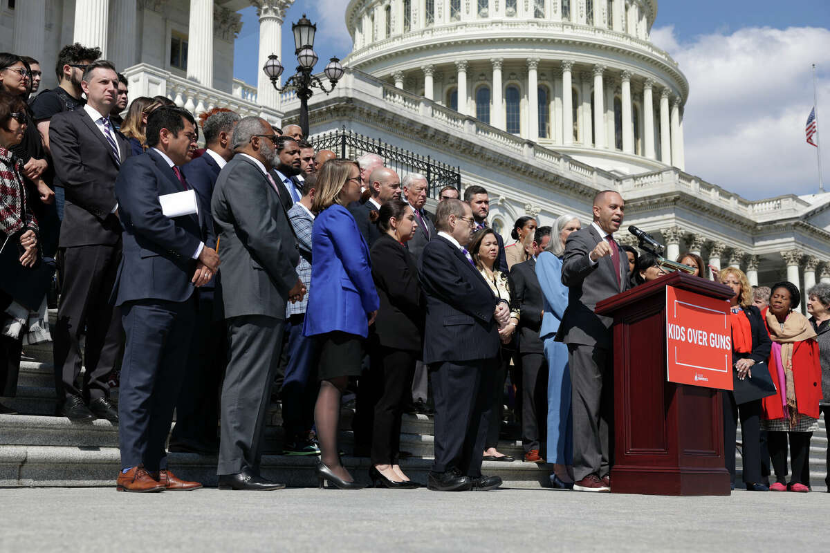 House Minority Leader Rep. Hakeem Jeffries, D-N.Y., speaks as House Democrats discuss gun policies at the East Front of the U.S. Capitol on Wednesday. 