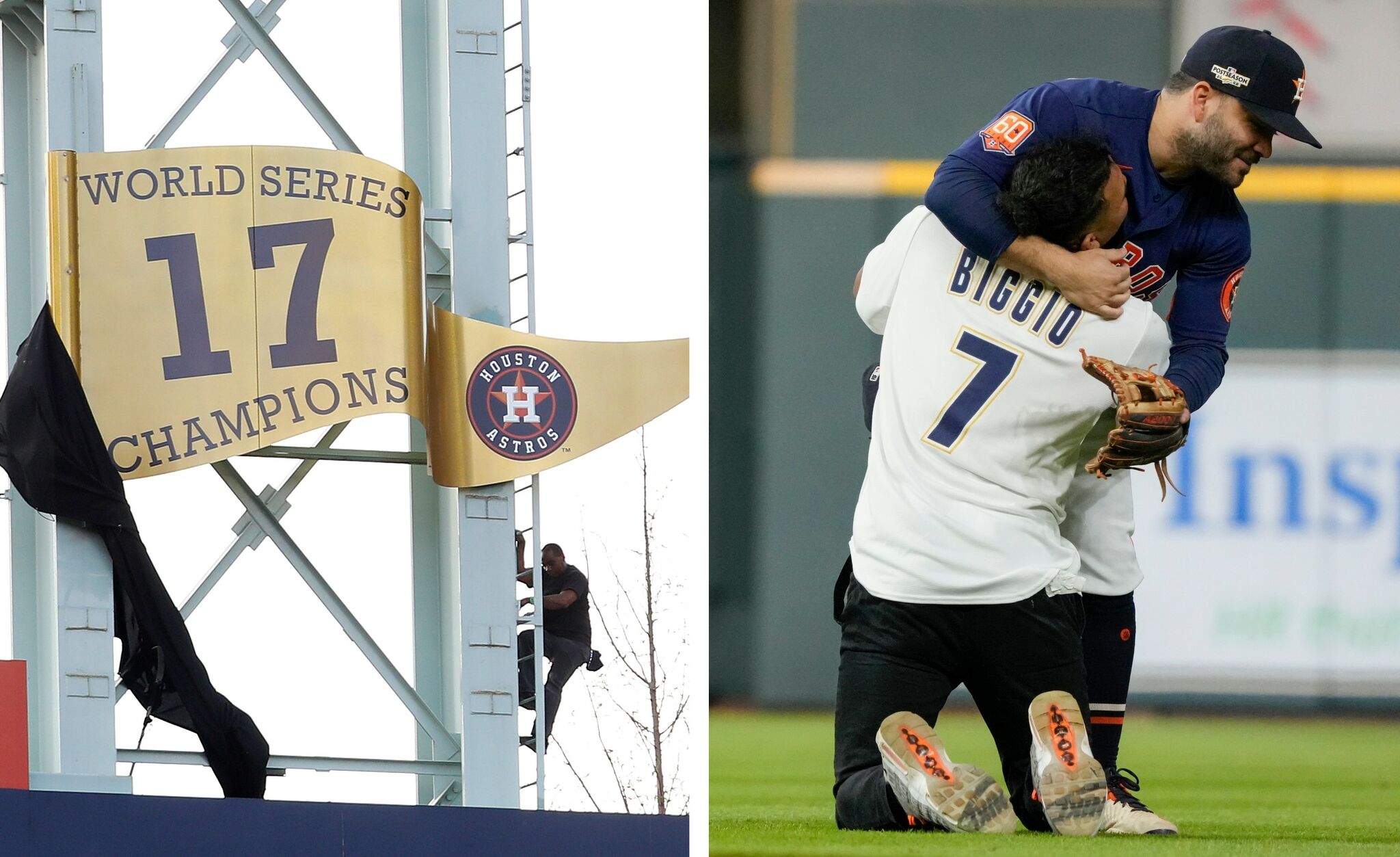 Astros 2022 World Series Champions pennant hung outside Minute Maid Park