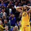 Rudy Gobert of the Utah Jazz reacts after he turned the ball over in the final minute of their loss to the Golden State Warriors at Chase Center on April 02, 2022 in San Francisco, California. 
