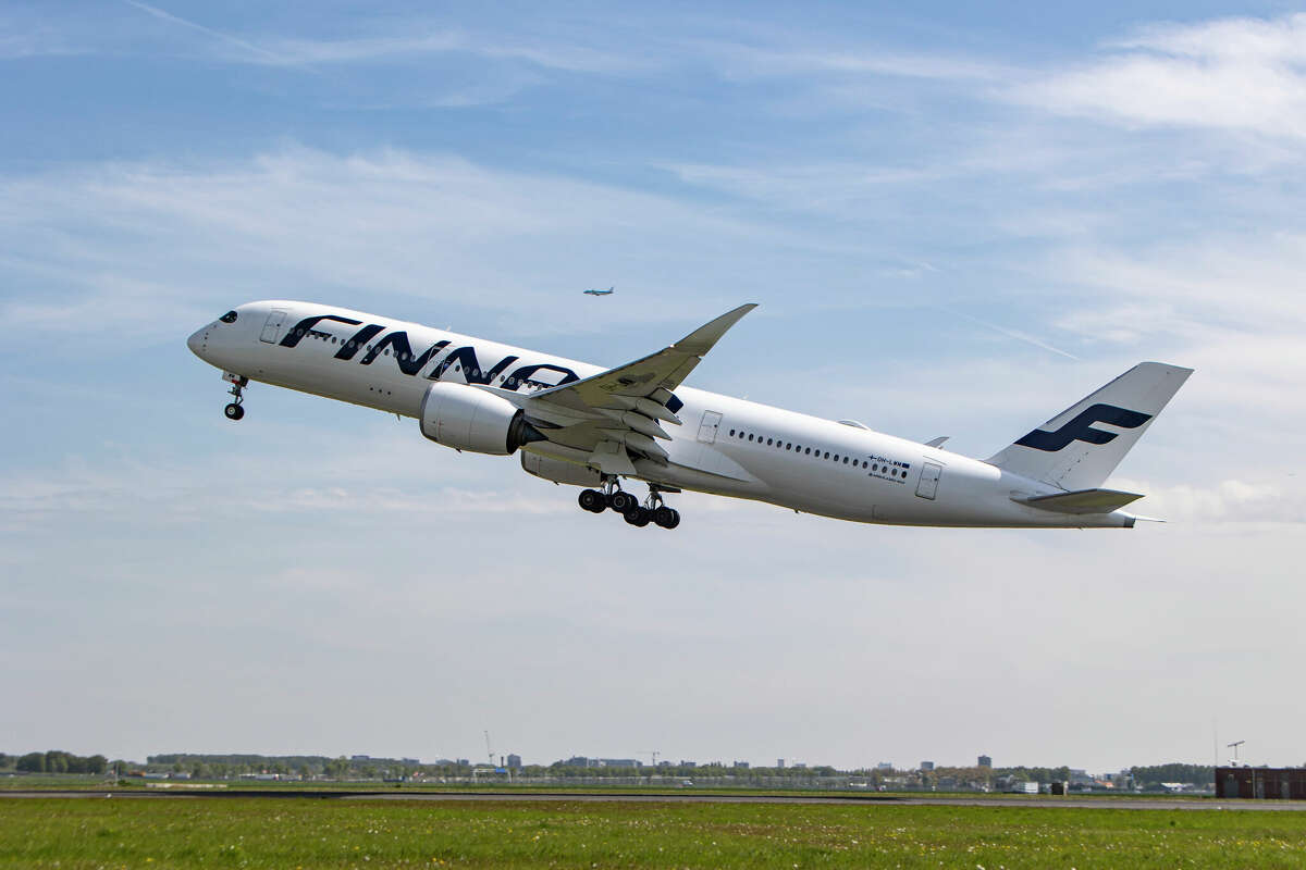 A Finnair Airbus A350-900 aircraft taking off from the Amsterdam Schiphol Airport on May 4, 2022.