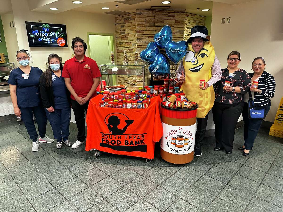 Laredo Medical Center donated 1,817 peanut butter jars as part of their first Jars of Love Peanut Butter Drive to benefit clients of the South Texas Food Bank on Monday, March 27. From left to right, hospital and food bank representatives are Ivonne Acosta, Jenny Lo Garcia, Alex Carraman, CEO Jorge Leal, Marisa Hein and Priscilla Salinas.