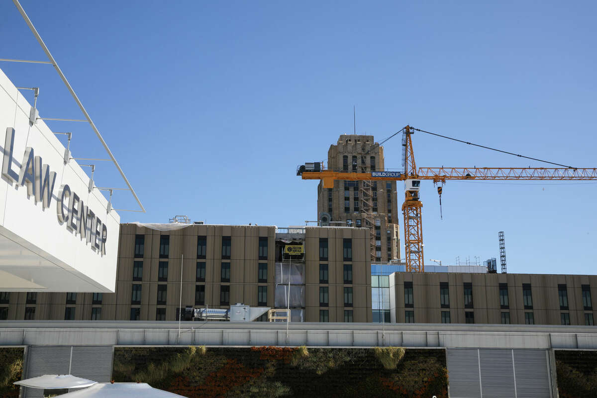 UC College of the Law San Francisco’s Academe at 198, a 14-story, 656-unit student housing complex at 198 McAllister St., undergoes construction. It is part of a multiphase, multi-institution student-housing project to create an “academic village.”