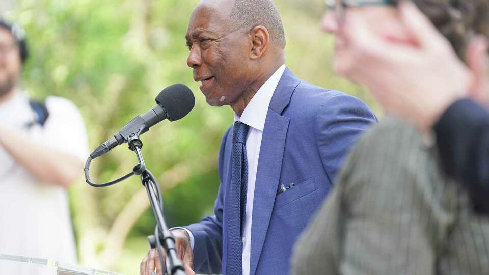 Houston Mayor Sylvester Turner talks to attendees for a groundbreaking for the Inwood Detention Basin on Friday, March 31, 2023 in Houston. The project is almost 20 years in the making to help mitigate flooding after weather events.