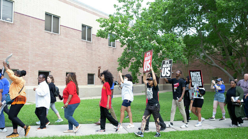 The Greater Houston Justice Coalition, HISD teachers, students and parents, and other social justice community groups march against the state takeover of HISD Friday, March 31, 2023, at Cesar Chavez High School in Houston.