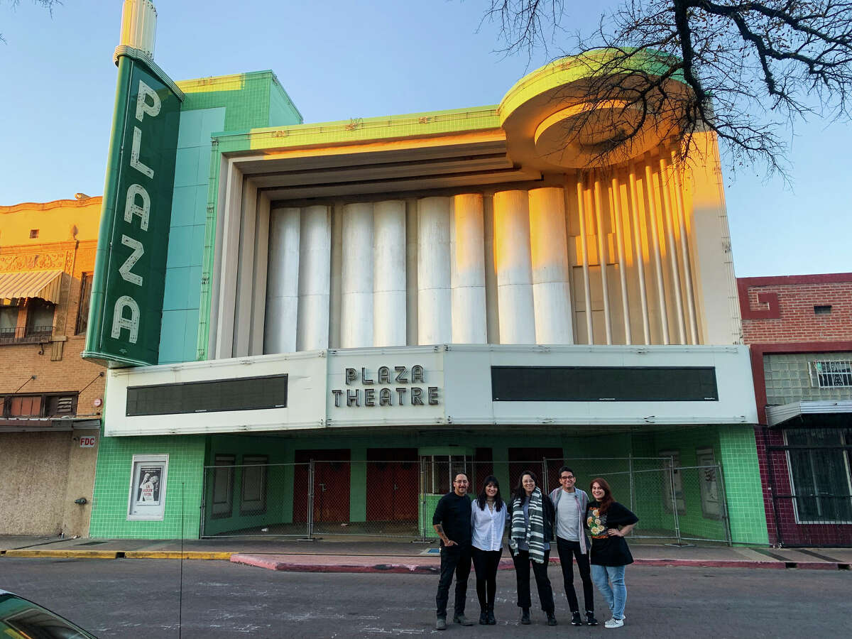 Members of Laredo Film Society, including Co-Founders Karen Gaytan and Gabriela Trevino (second and third) are pictured in front of the historic Plaza Theater in downtown Laredo. 
