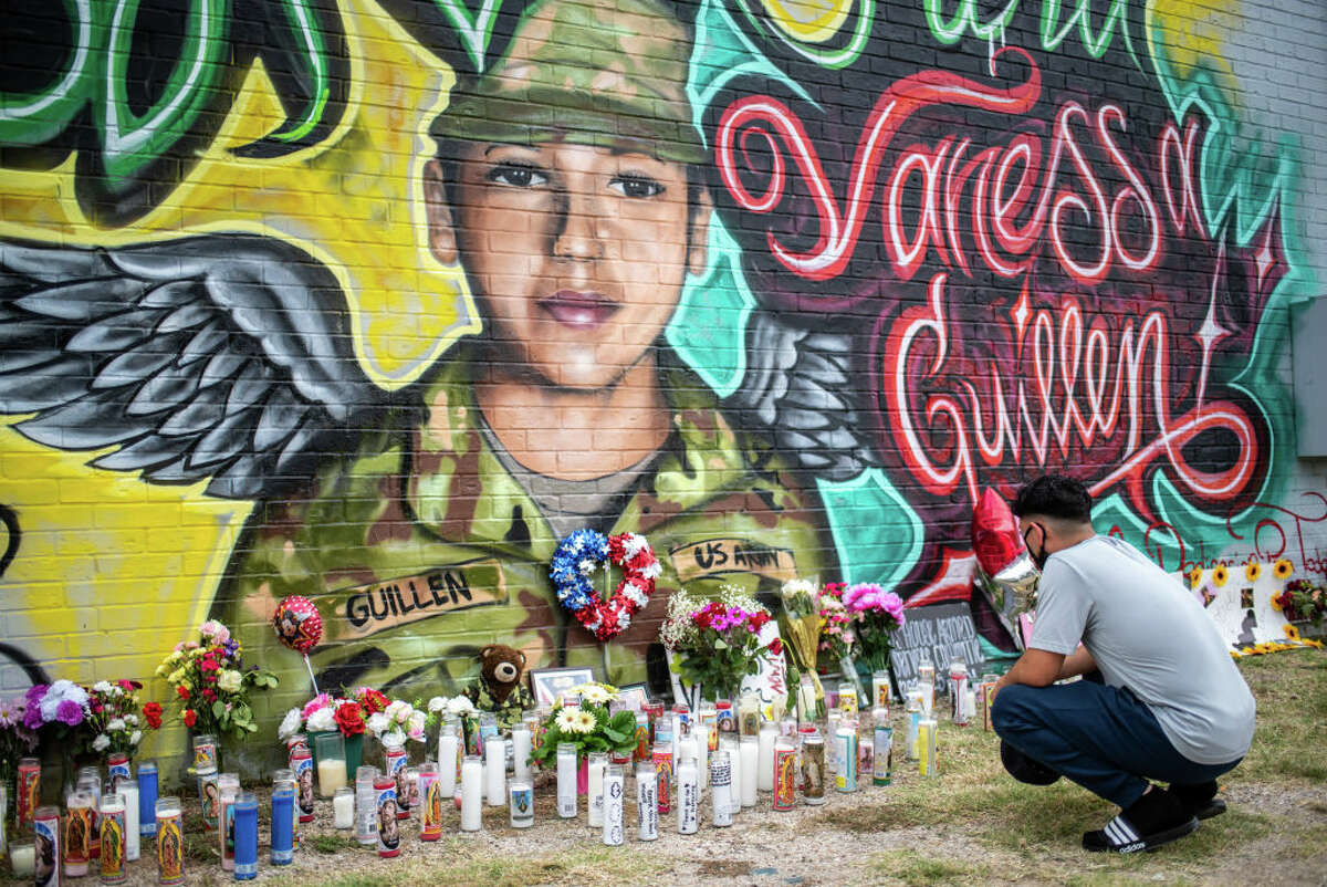 A mural of slain Fort Hood soldier Vanessa Guillén was set up in Austin in 2020 after her death.