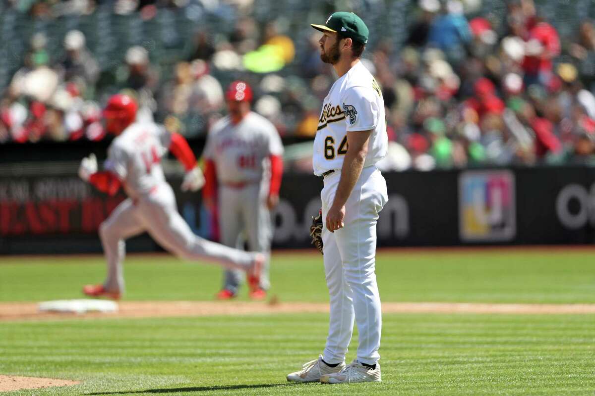 A's drop 6-0 series finale to Angels as Trout and Ohtani homer